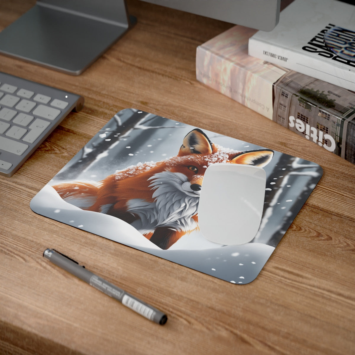 Tapis de Souris Renard Hiver Illustration d’un Renard Roux dans la Neige, Design Animalier et Saison Froid