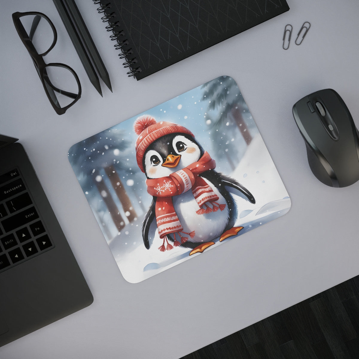 Tapis de Souris Pingouin Hiver Pingouin Mignon avec Bonnet et Écharpe dans la Neige Idée cadeau