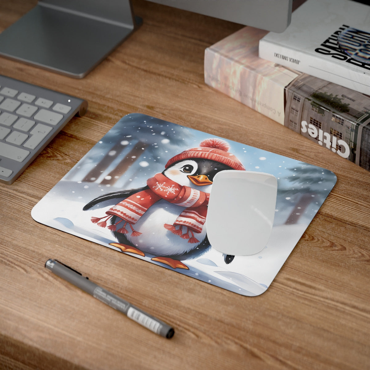 Tapis de Souris Pingouin Hiver Pingouin Mignon avec Bonnet et Écharpe dans la Neige Idée cadeau