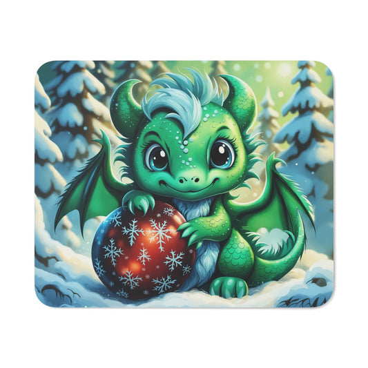 Tapis de Souris Bébé Dragon Hiver Petit Dragon Vert avec Boule de Noël Rouge Idée cadeau