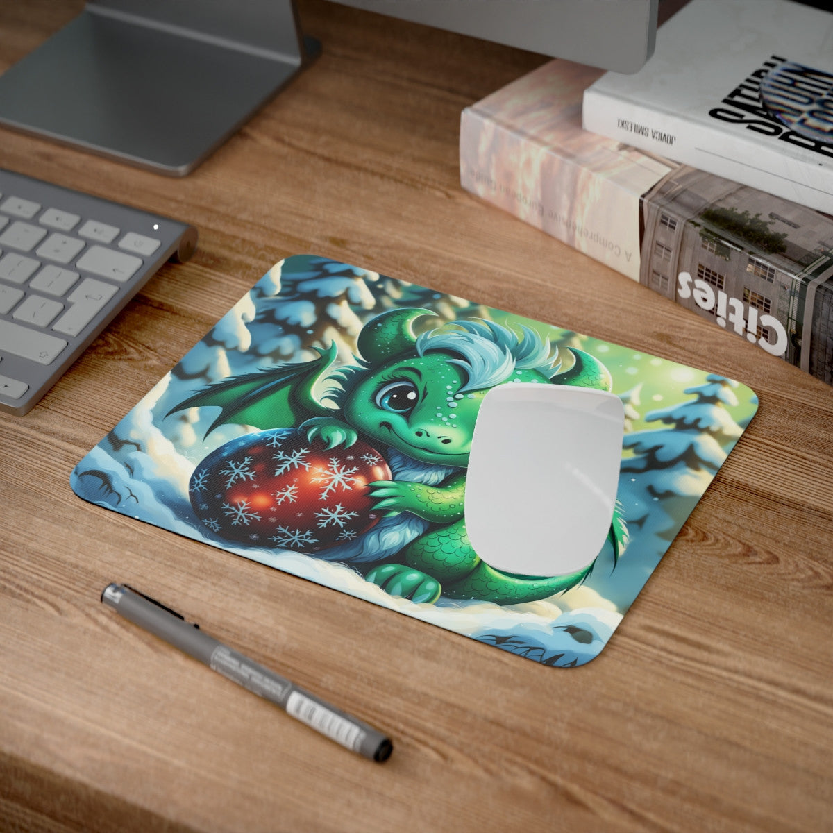 Tapis de Souris Bébé Dragon Hiver Petit Dragon Vert avec Boule de Noël Rouge Idée cadeau