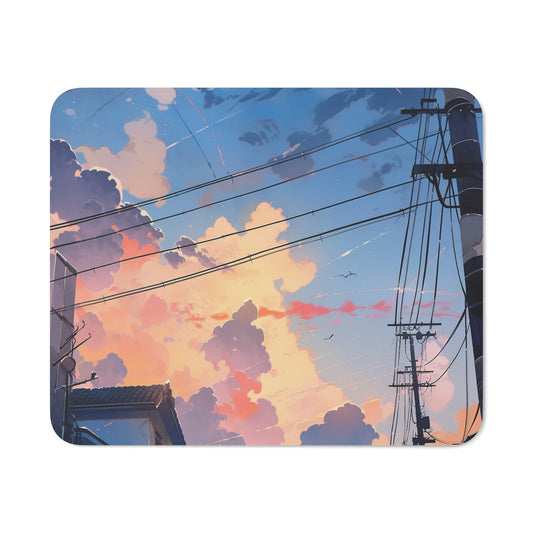 Tapis de Souris Ciel d’Été Style Anime Scène Urbaine au Coucher du Soleil avec Fils Électriques