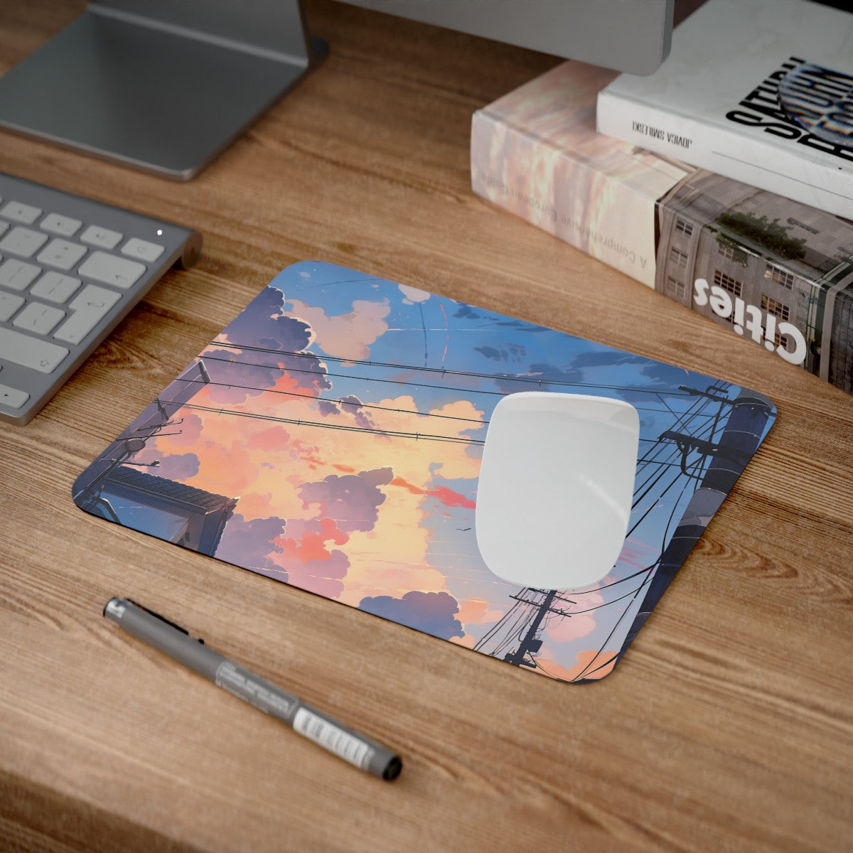 Tapis de Souris Ciel d’Été Style Anime Scène Urbaine au Coucher du Soleil avec Fils Électriques
