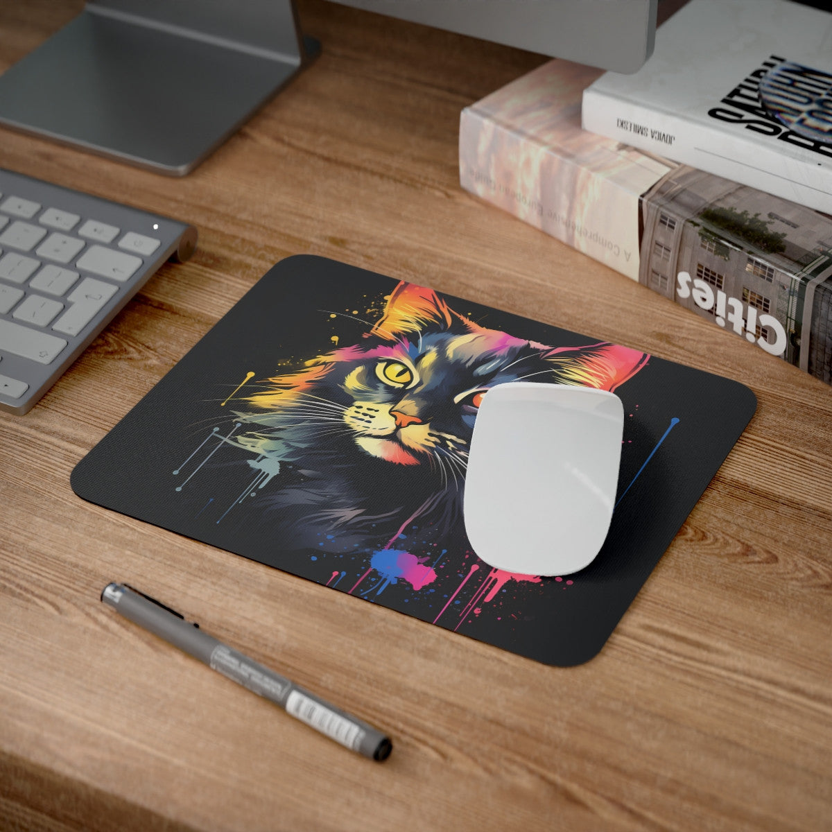 Tapis de Souris Chat Multicolore Style Graffiti  Art Numérique Néon Moderne Idée cadeau animal