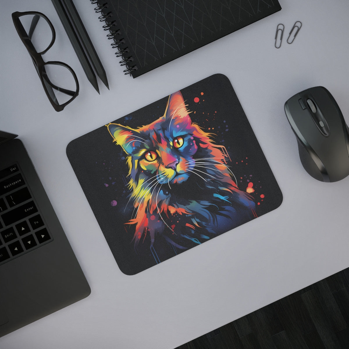 Tapis de Souris Chat Coloré Art Moderne Portrait Néon Style Graffiti Urbain Idée cadeau
