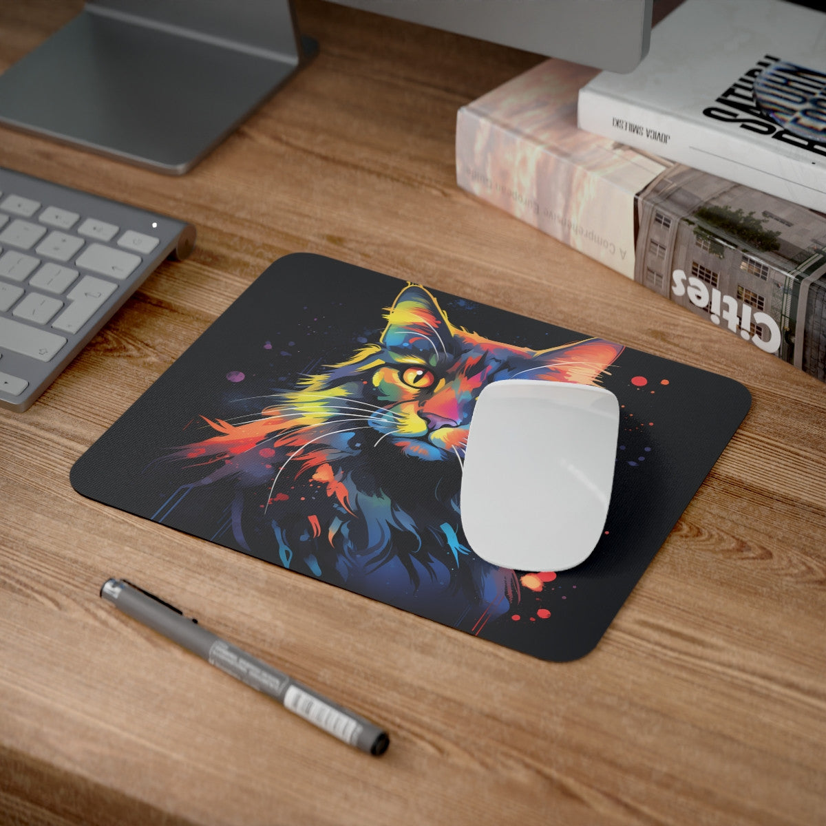 Tapis de Souris Chat Coloré Art Moderne Portrait Néon Style Graffiti Urbain Idée cadeau