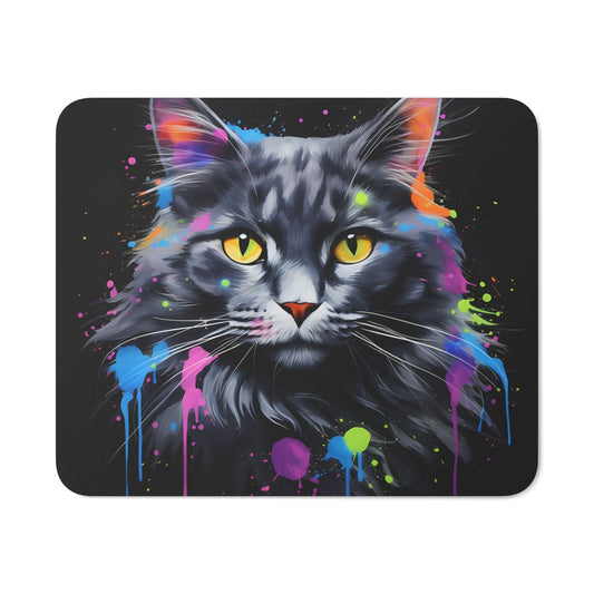 Tapis de Souris Chat Élégant Portrait de Chat Gris Style Peinture Splash Colorée Idée cadeau