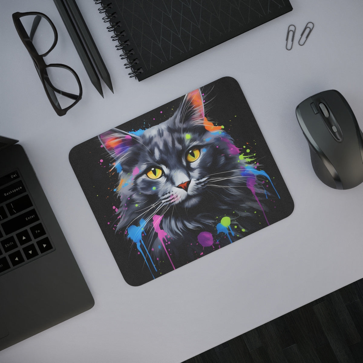 Tapis de Souris Chat Élégant Portrait de Chat Gris Style Peinture Splash Colorée Idée cadeau