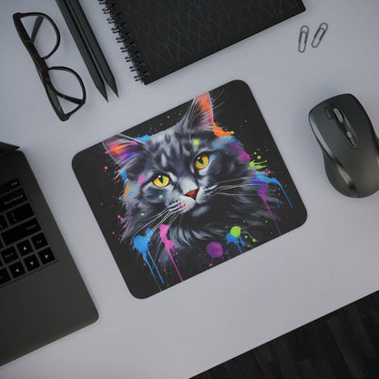 Tapis de Souris Chat Élégant Portrait de Chat Gris Style Peinture Splash Colorée Idée cadeau
