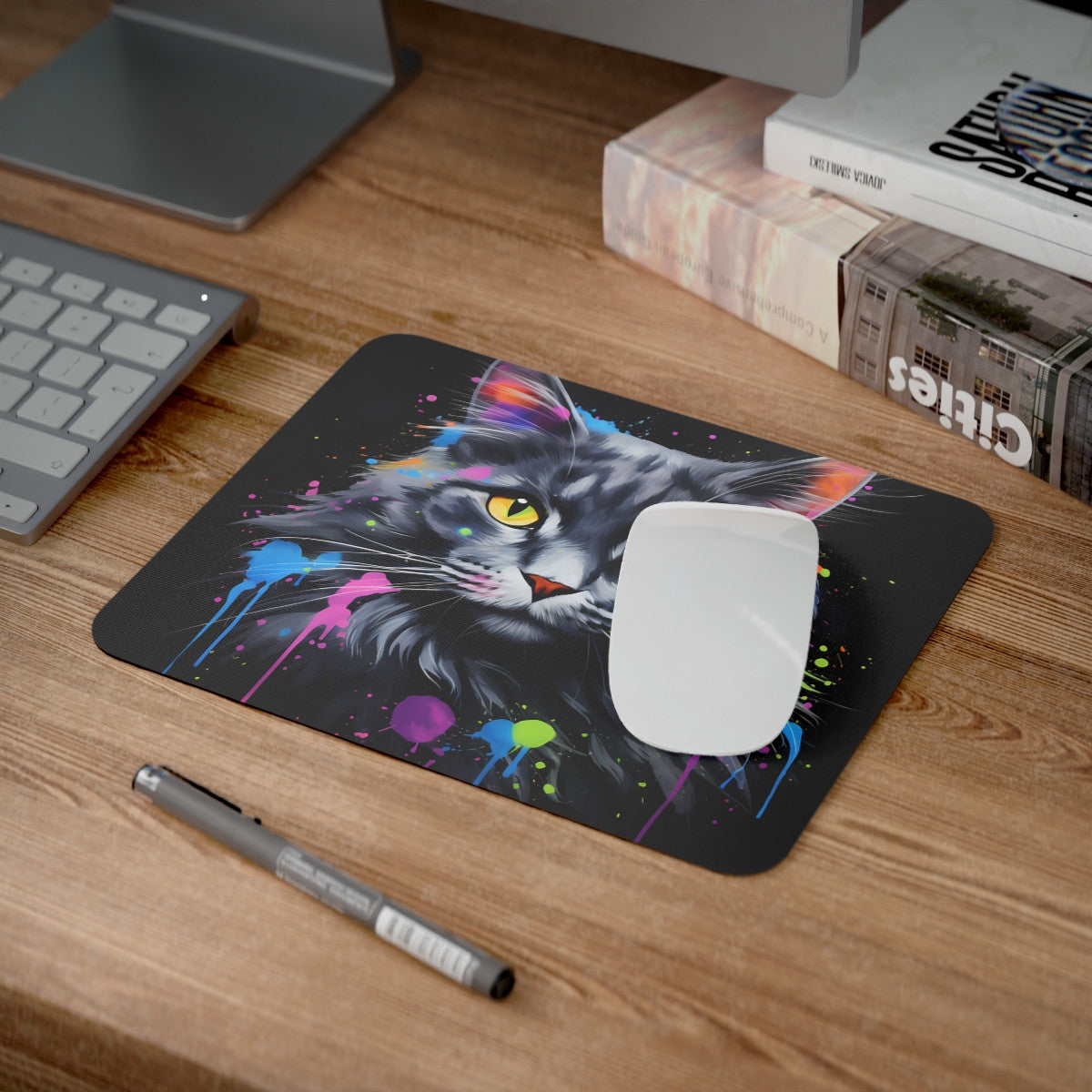 Tapis de Souris Chat Élégant Portrait de Chat Gris Style Peinture Splash Colorée Idée cadeau