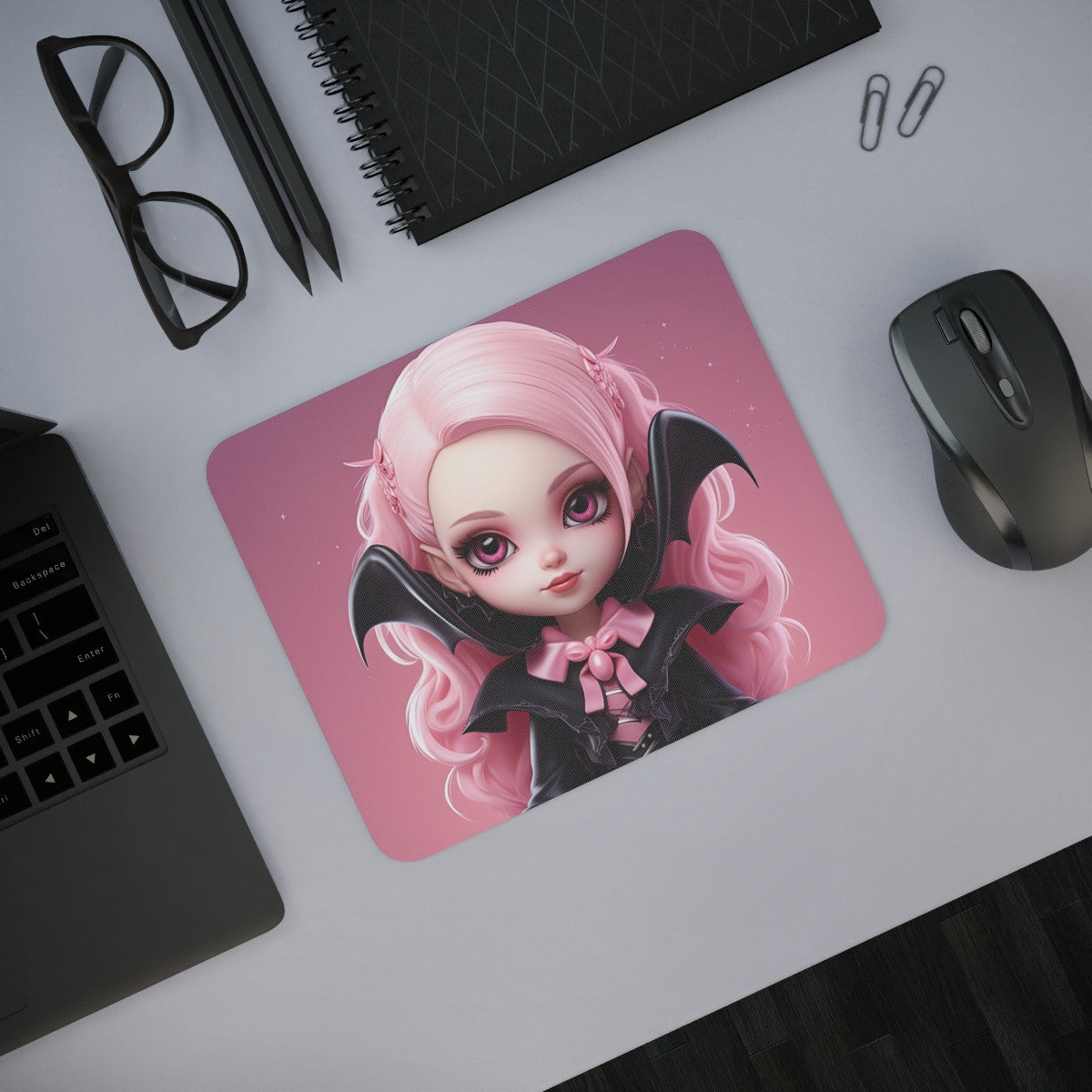 Tapis de Souris Gothique  Design Vampire Rose avec Poupée Stylisée et Ailes de Chauve-souris