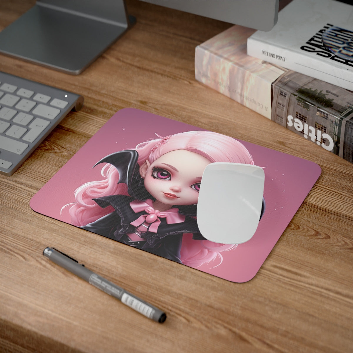 Tapis de Souris Gothique  Design Vampire Rose avec Poupée Stylisée et Ailes de Chauve-souris