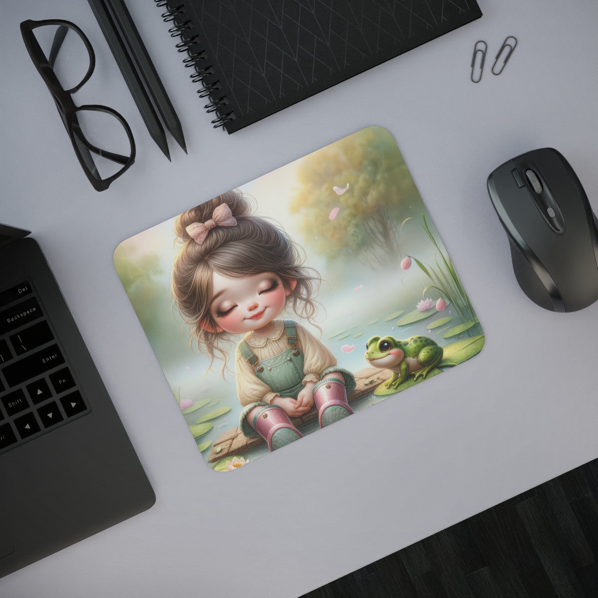 Tapis de Souris  Petite Fille Assise avec Grenouille et Nénuphars Idée cadeau