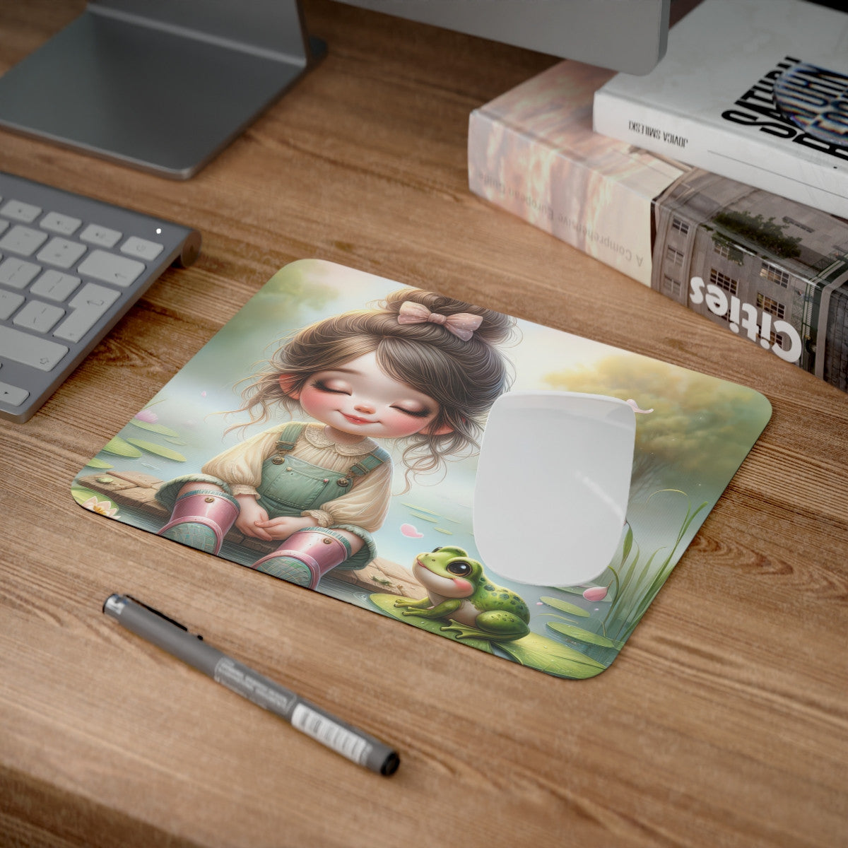 Tapis de Souris  Petite Fille Assise avec Grenouille et Nénuphars Idée cadeau