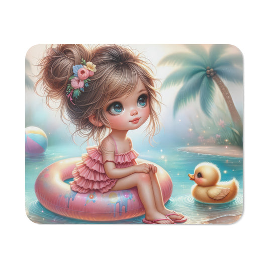 Tapis de Souris Kawaii Été Petite Fille Flottant sur Bouée avec Caneton Mignon