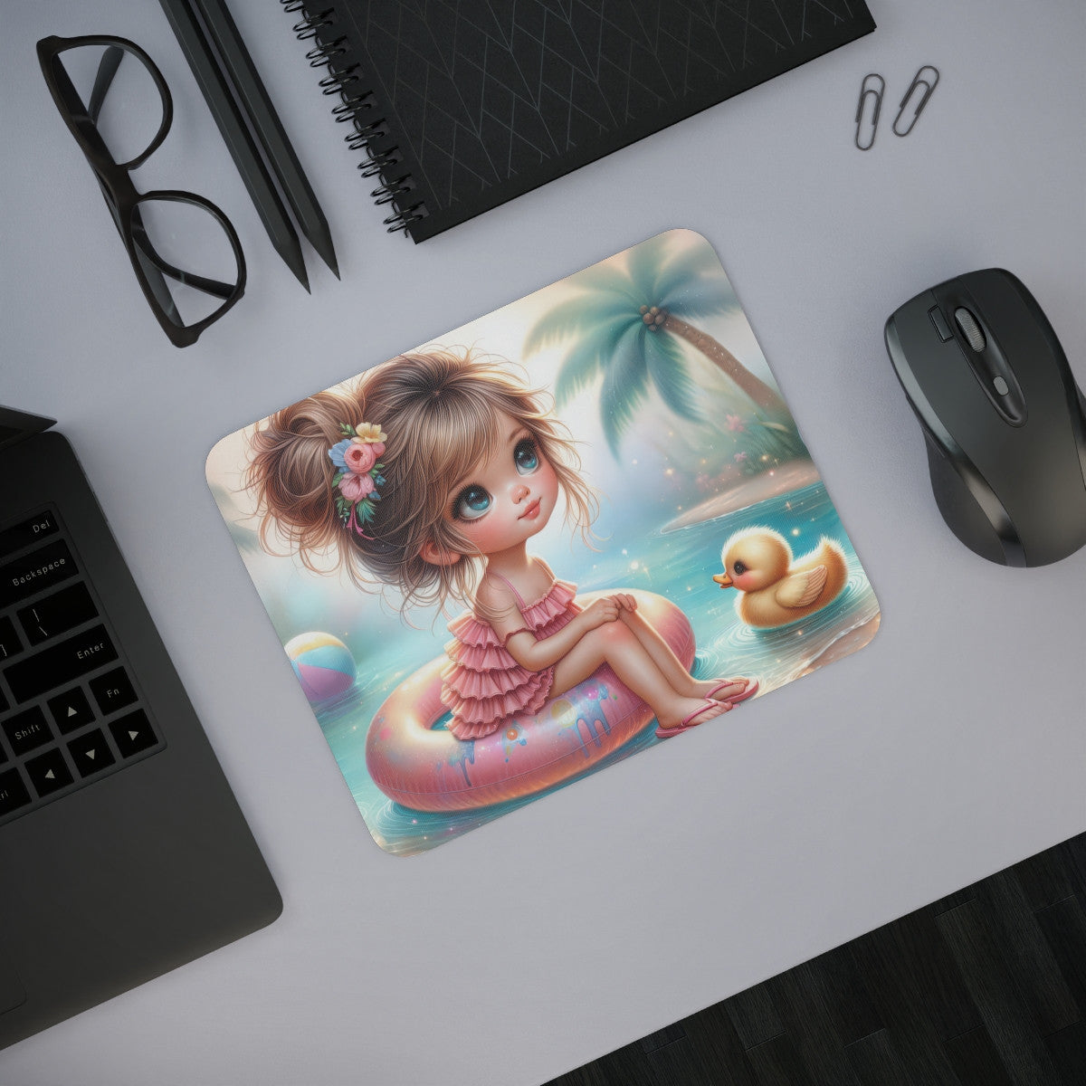 Tapis de Souris Kawaii Été Petite Fille Flottant sur Bouée avec Caneton Mignon