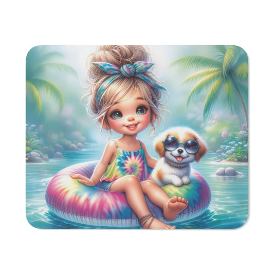 Tapis de Souris Été Kawaii Petite Fille et Chien avec Lunettes sur Bouée