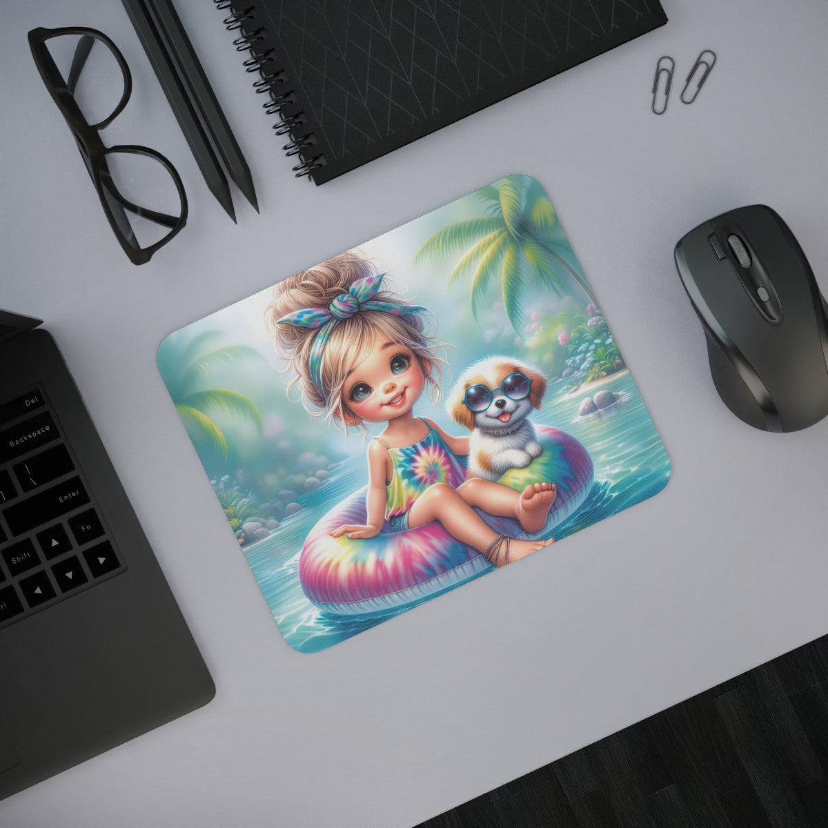 Tapis de Souris Été Kawaii Petite Fille et Chien avec Lunettes sur Bouée