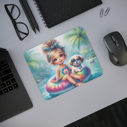 Tapis de Souris Été Kawaii Petite Fille et Chien avec Lunettes sur Bouée