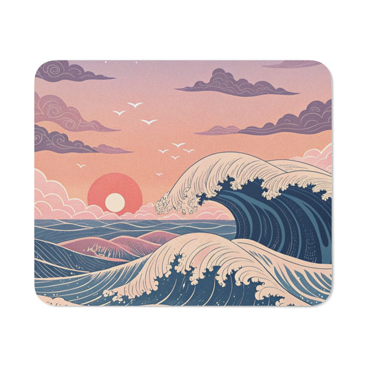 Tapis de Souris Vague Japonaise Stylisée Design Océan, Soleil Couchant, Nuages Roses
