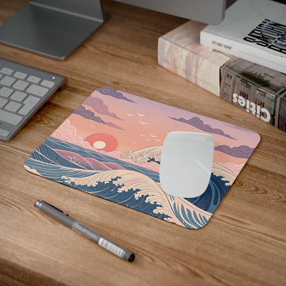 Tapis de Souris Vague Japonaise Stylisée Design Océan, Soleil Couchant, Nuages Roses