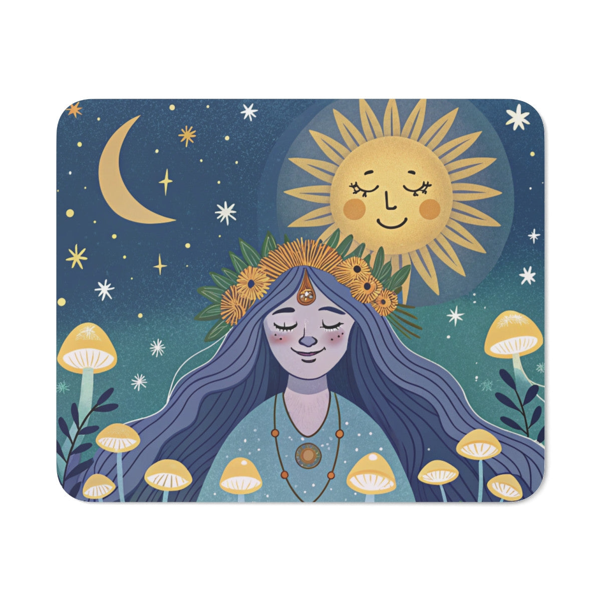 Tapis de Souris Bohème Sorcière Lunaire  Soleil et Lune Champignons Magiques, Fée Mystique Accessoire Zen pour Bureau ou Gaming