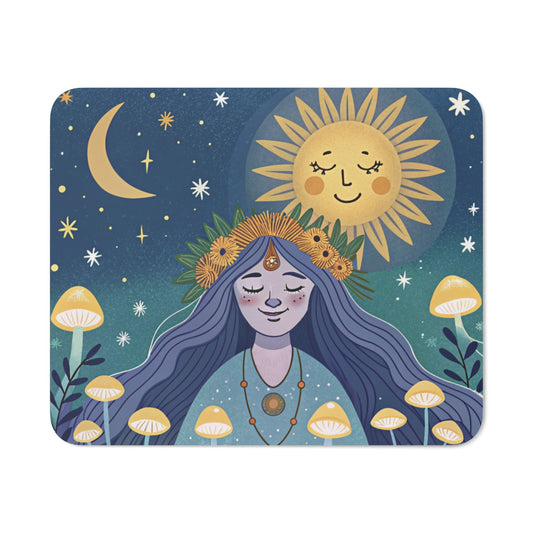 Tapis de Souris Bohème Sorcière Lunaire  Soleil et Lune Champignons Magiques, Fée Mystique Accessoire Zen pour Bureau ou Gaming