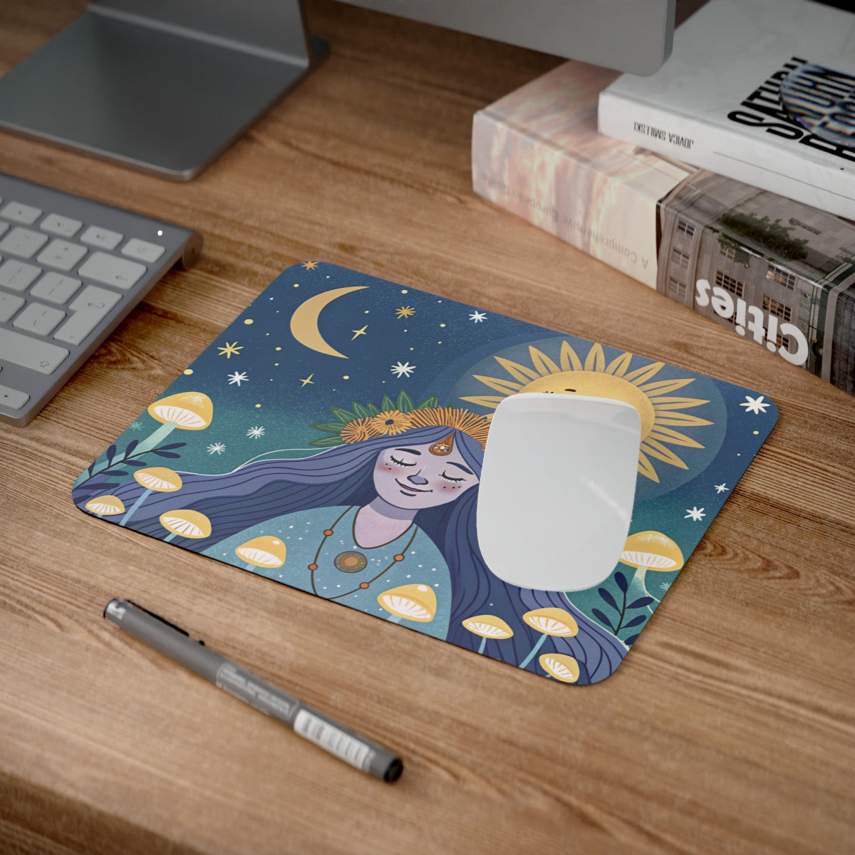 Tapis de Souris Bohème Sorcière Lunaire  Soleil et Lune Champignons Magiques, Fée Mystique Accessoire Zen pour Bureau ou Gaming