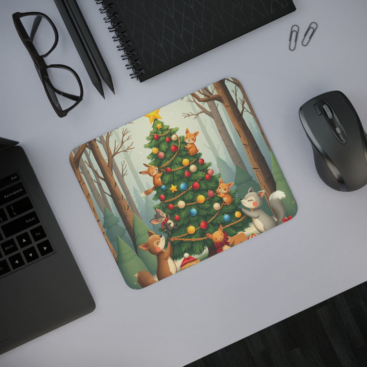 Tapis de Souris de Noël Forêt Enchantée  Animaux Mignons, Sapin Décoré, Ambiance Hivernale Magique