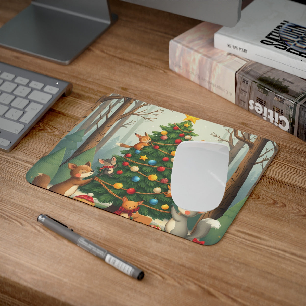 Tapis de Souris de Noël Forêt Enchantée  Animaux Mignons, Sapin Décoré, Ambiance Hivernale Magique