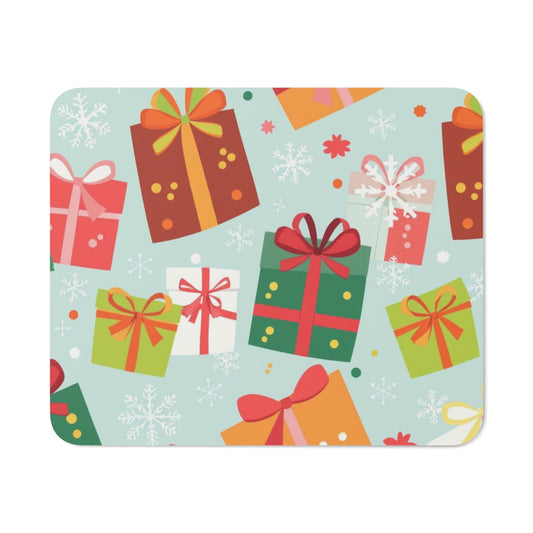 Tapis de Souris Noël Motif Cadeaux Colorés – Illustration Festive Hivernale avec Paquets Cadeaux, Flocons de Neige