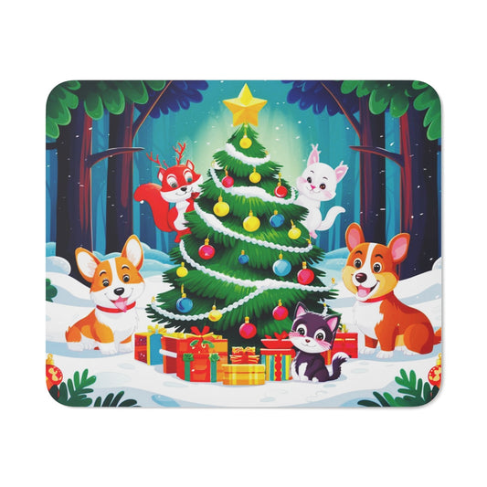 Tapis de Souris Noël Animaux Mignons  Illustration Festive avec Chiens, Chat, Écureuil, Lapin et Sapin Décoré