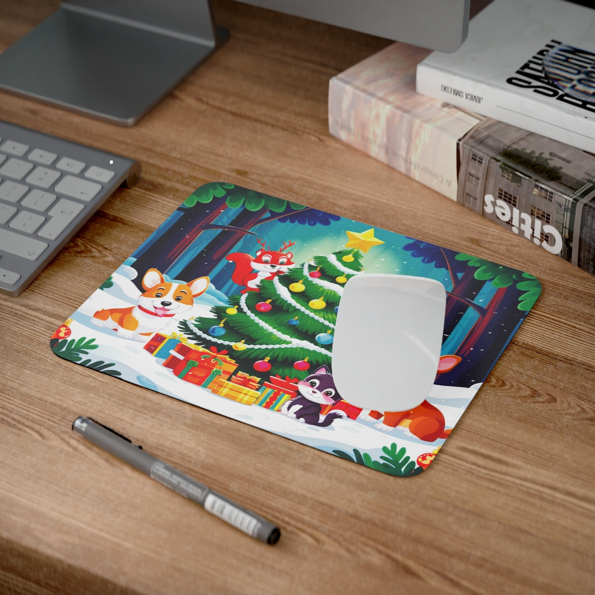 Tapis de Souris Noël Animaux Mignons  Illustration Festive avec Chiens, Chat, Écureuil, Lapin et Sapin Décoré