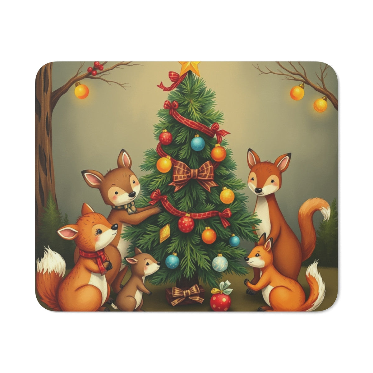 Tapis de Souris Noël Forêt Animaux Mignons Cerf, Renards, Faons et Sapin Décoré  Accessoire Bureau Enfant ou Adulte