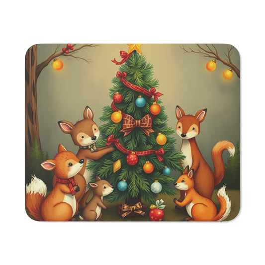 Tapis de Souris Noël Forêt Animaux Mignons Cerf, Renards, Faons et Sapin Décoré  Accessoire Bureau Enfant ou Adulte