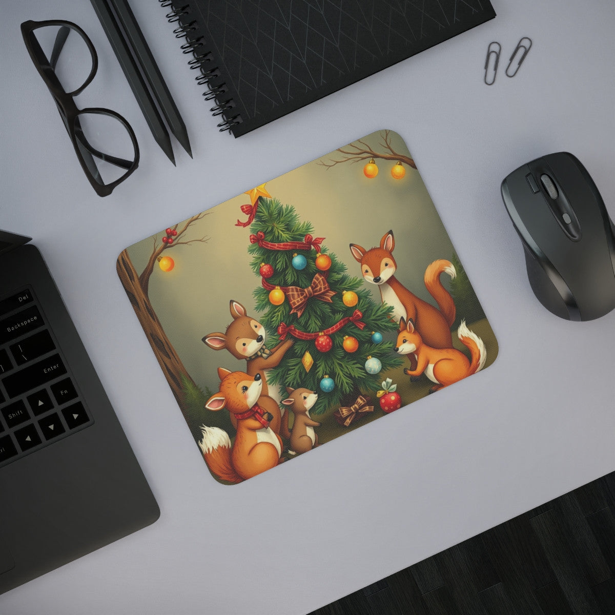 Tapis de Souris Noël Forêt Animaux Mignons Cerf, Renards, Faons et Sapin Décoré  Accessoire Bureau Enfant ou Adulte
