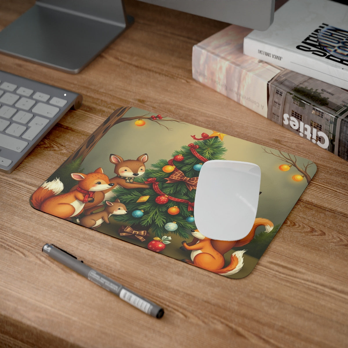 Tapis de Souris Noël Forêt Animaux Mignons Cerf, Renards, Faons et Sapin Décoré  Accessoire Bureau Enfant ou Adulte