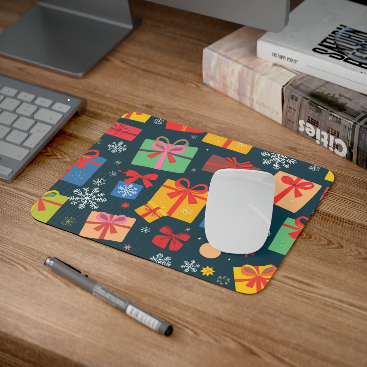 Tapis de Souris Noël Cadeaux Multicolores Design Graphique Moderne avec Flocons de Neige