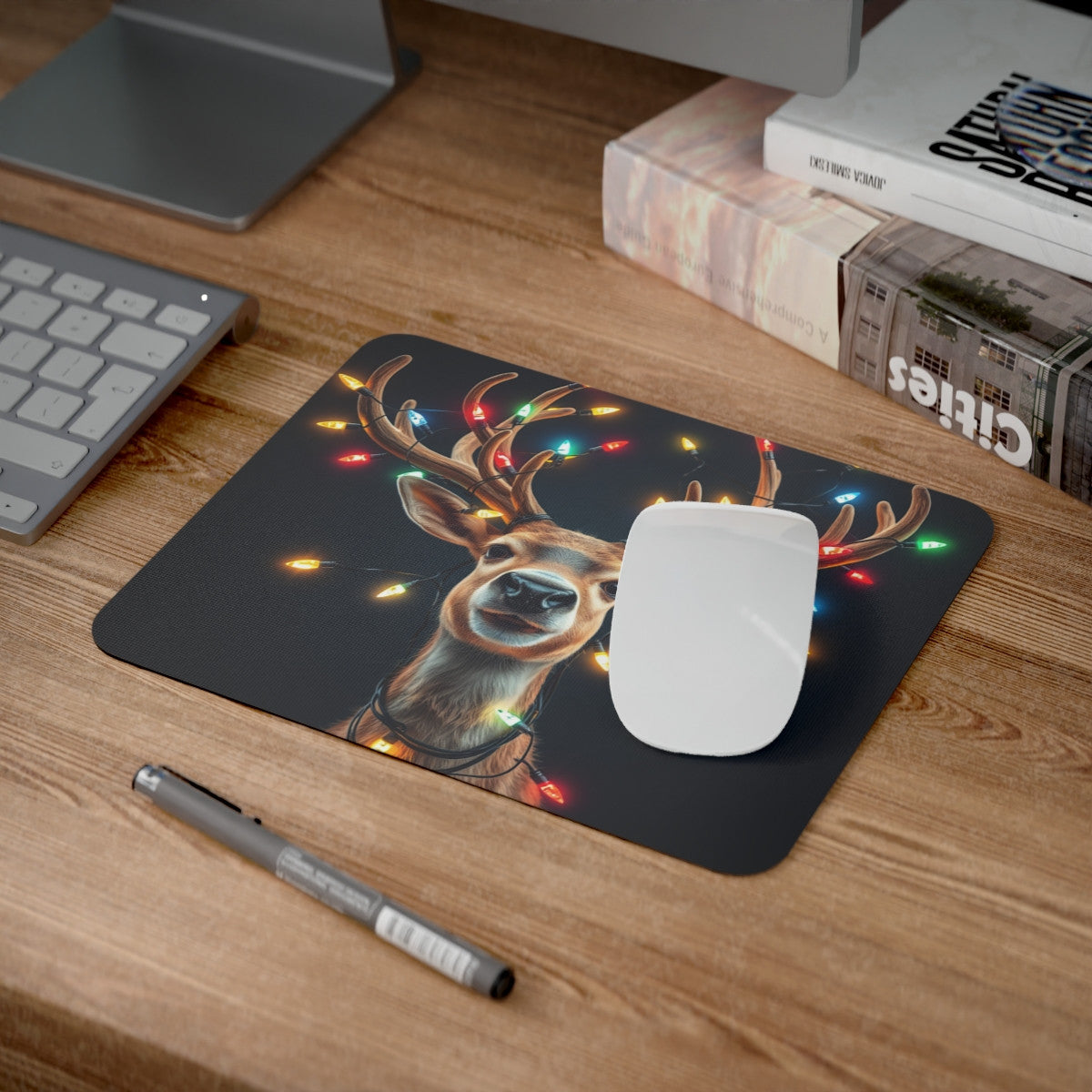 Tapis de Souris Cerf de Noël avec Guirlande Lumineuse Accessoire de Bureau Original pour Noël