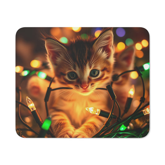 Tapis de Souris Chat Noël  Chaton Tigré avec Guirlandes Lumineuses Accessoire de Bureau Mignon Hiver