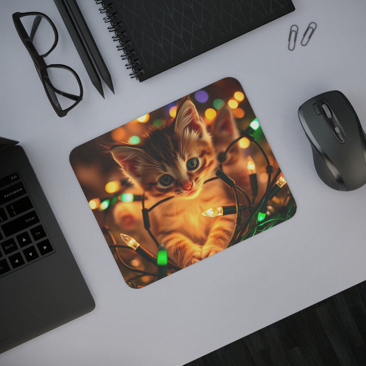 Tapis de Souris Chat Noël  Chaton Tigré avec Guirlandes Lumineuses Accessoire de Bureau Mignon Hiver