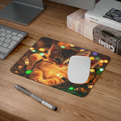 Tapis de Souris Chat Noël  Chaton Tigré avec Guirlandes Lumineuses Accessoire de Bureau Mignon Hiver