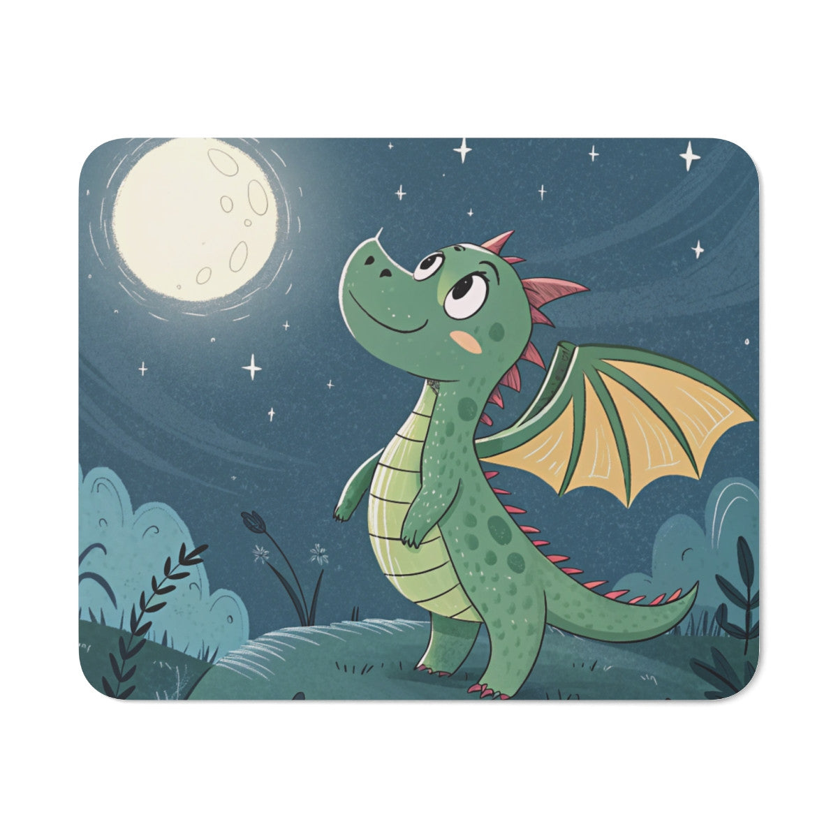 Tapis de Souris Enfant Dragon Petit Dragon Vert Mignon Regardant la Lune Illustration Fantastique Douce et Magique