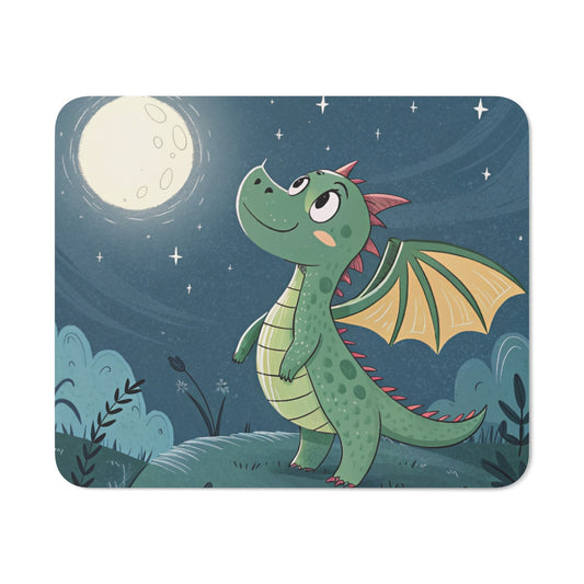 Tapis de Souris Enfant Dragon Petit Dragon Vert Mignon Regardant la Lune Illustration Fantastique Douce et Magique