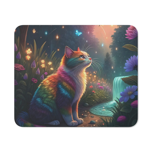 Tapis de Souris Chat Arc-en-Ciel Fantastique Coloré dans Forêt Enchantée avec Papillons, Cascade et Fleurs