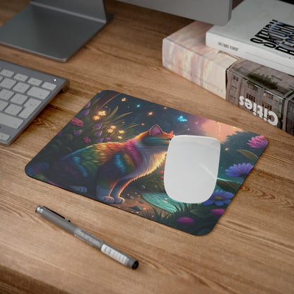 Tapis de Souris Chat Arc-en-Ciel Fantastique Coloré dans Forêt Enchantée avec Papillons, Cascade et Fleurs