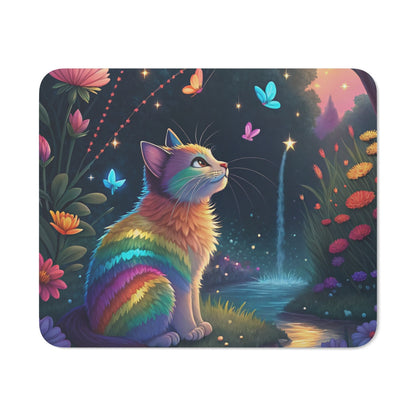 Tapis de Souris Chat Arc-en-Ciel Magique  Forêt Fantastique avec Papillons, Fleurs Colorées et Cascade