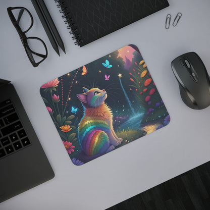 Tapis de Souris Chat Arc-en-Ciel Magique  Forêt Fantastique avec Papillons, Fleurs Colorées et Cascade
