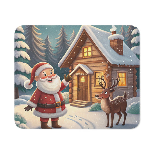 Tapis de Souris Noël Père Noël Joyeux avec Renne devant Chalet Enneigé Décoration Hivernale Magique