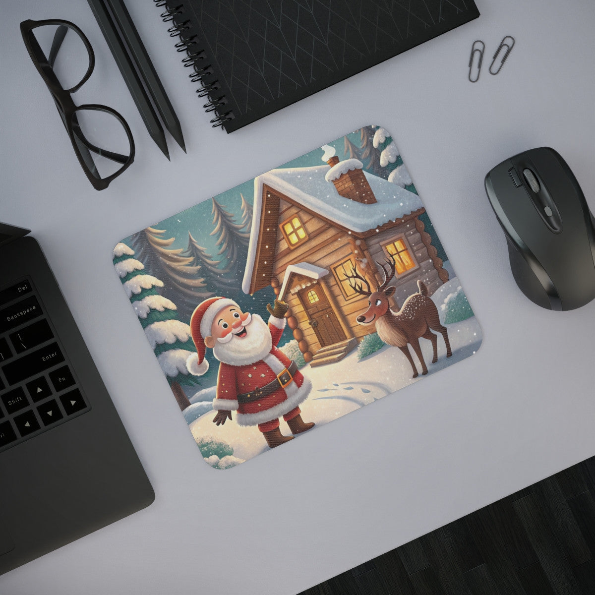 Tapis de Souris Noël Père Noël Joyeux avec Renne devant Chalet Enneigé Décoration Hivernale Magique